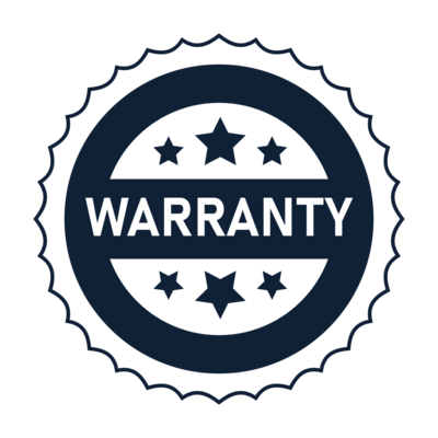 Navy blue warranty badge icon with stars representing guaranteed product protection.